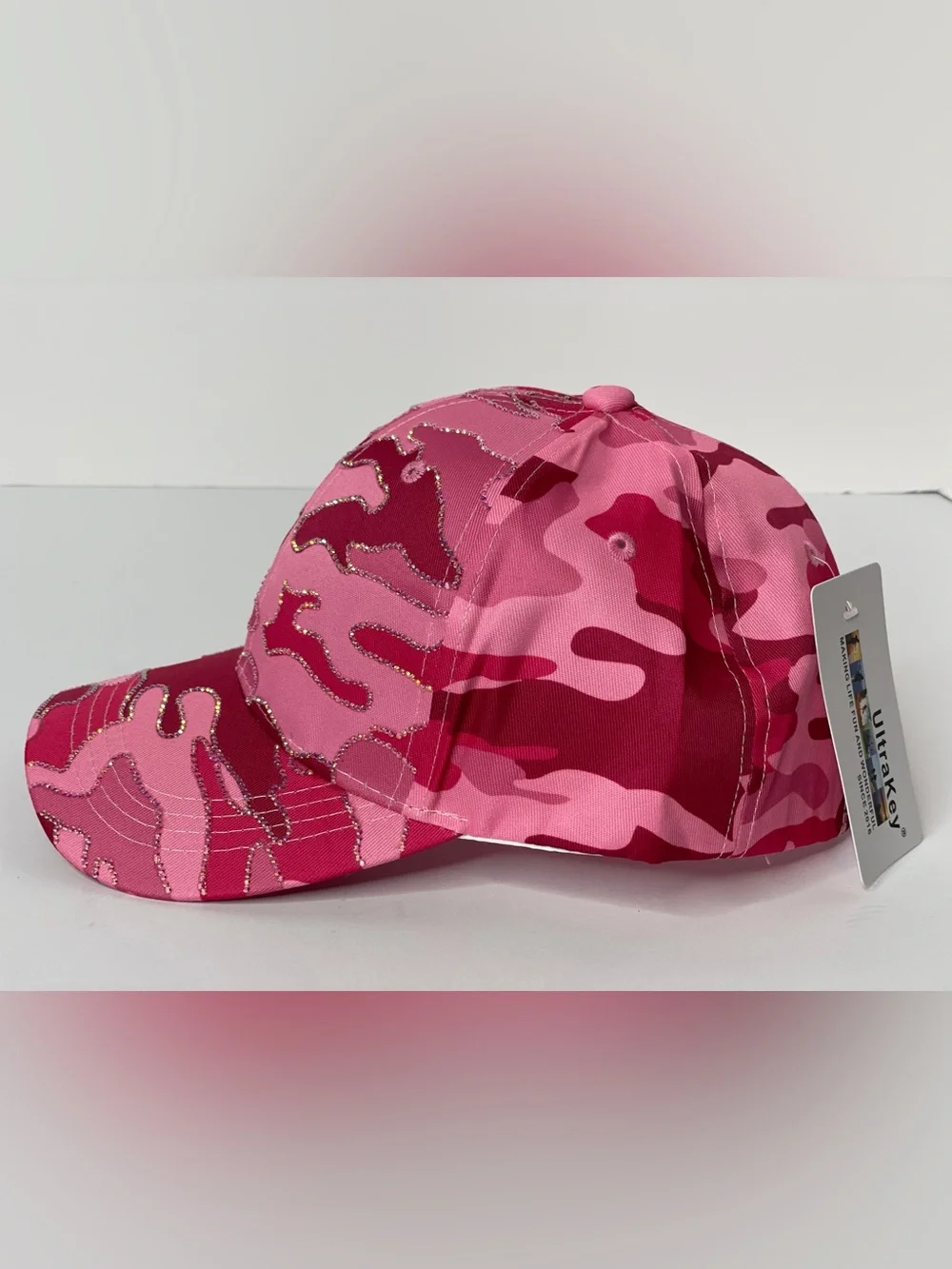 Custom Pink Camouflage women Baseball Cap with Rhinestone Accents
